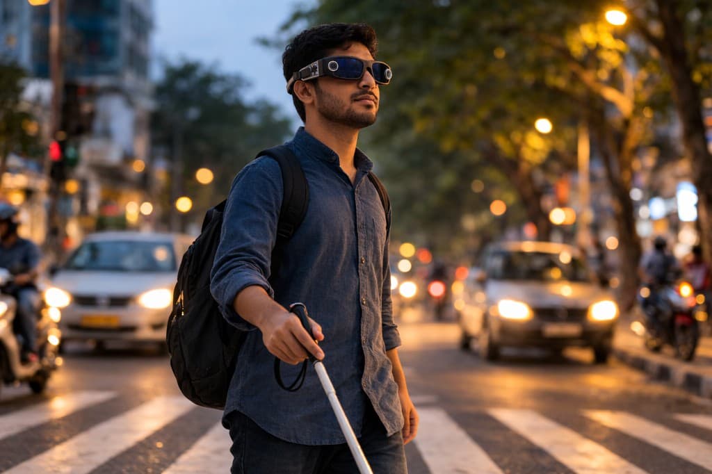 A blind user wearing smart goggles, guided safely through a crowded street