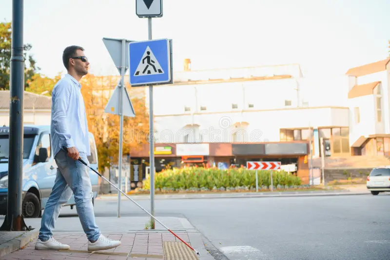 Blind man with white cane alone at a crossing
