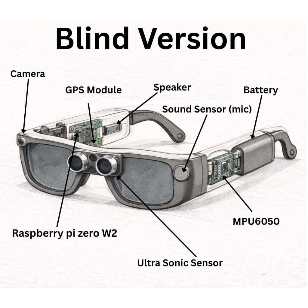 LifeLens Blind Version prototype: Camera, Ultrasonic Sensor, Raspberry Pi Zero W2, Speaker, Microphone, GPS Module, MPU6050, Battery